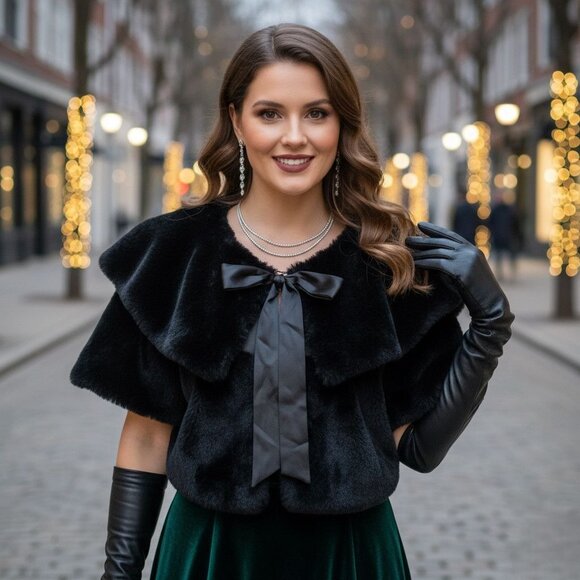 Haani Vintage Faux Fur Cape Bolero Mobster Wife Classic Crop  Jacket Holiday 1X - Picture 1 of 12